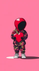 Character holding red heart with camouflage outfit against pink background