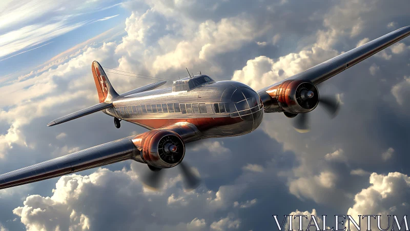 Streamlined twin‑engine vintage airliner in golden cloudscape