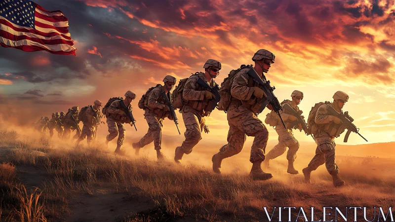 US infantry squad advancing through dusty terrain at sunset