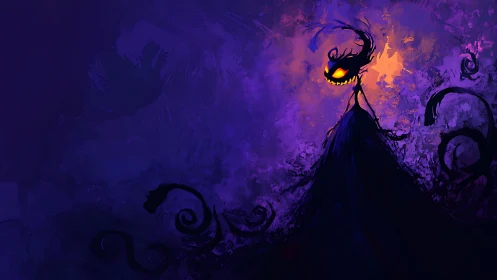 Sinister jack-o-lantern wraith amid swirling violet void.