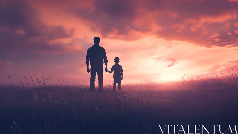 Father and child silhouettes in quiet sunset field scene.
