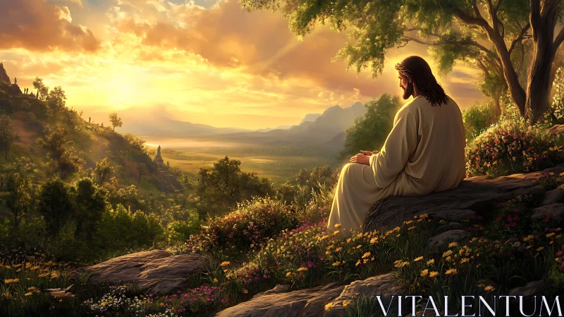 Figure in white robe observes illuminated valley landscape