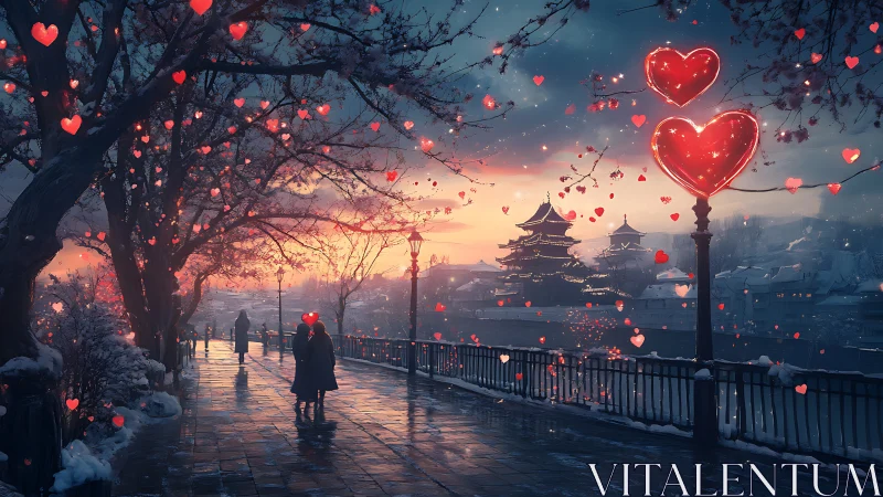 Neon heart floating above wet platform in Asian cityscape at dusk