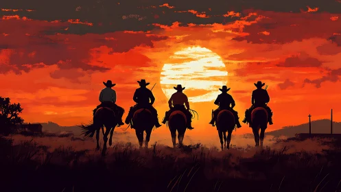 Silhouetted mounted riders move toward low sun on horizon