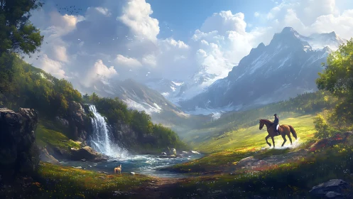 Digital painting of alpine rider with luminous waterfall focus.