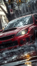 Red sports sedan cutting through rainy city street scene.