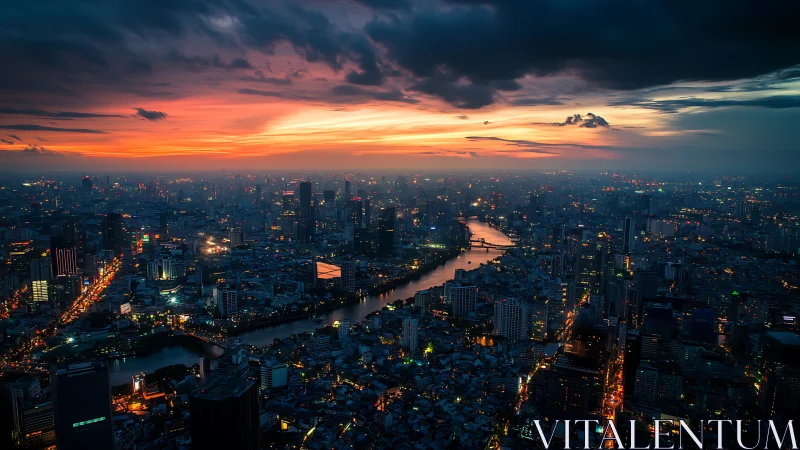 Dramatic sunset sky glows above a sprawling riverside cityscape.
