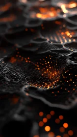 Glowing digital mesh ripples across dark abstract terrain.