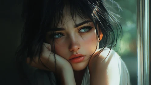 Softly daydreaming eyes cradle sunlight at the window