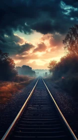 Linear perspective railway under turbulent chromatic sky.