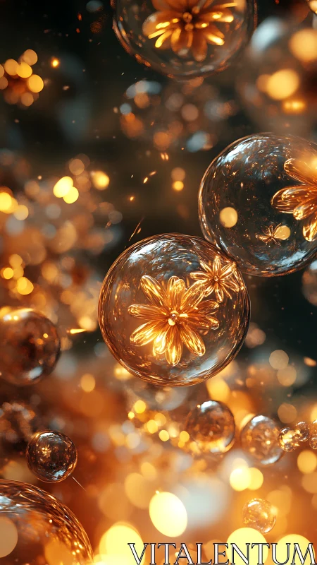 Golden floral inclusions suspended in glowing glass spheres