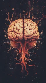 Human brain with extended nerves in dark abstract space.