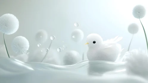 Fluffy White Bird in Dreamy Minimalist Landscape with Dandelions.