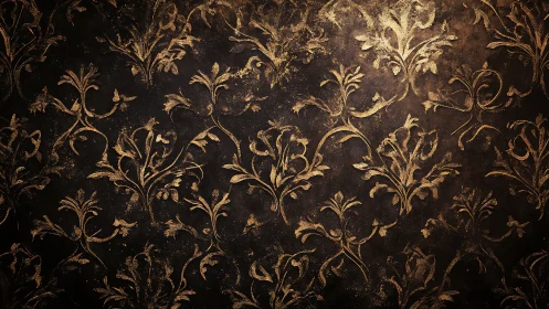 Ornate baroque gold floral pattern on distressed dark wall.