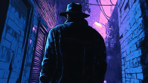 Lone figure walks neon alley under moody violet streetlight