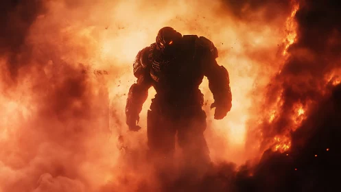 Inferno-born war titan strides through collapsing flame veil.