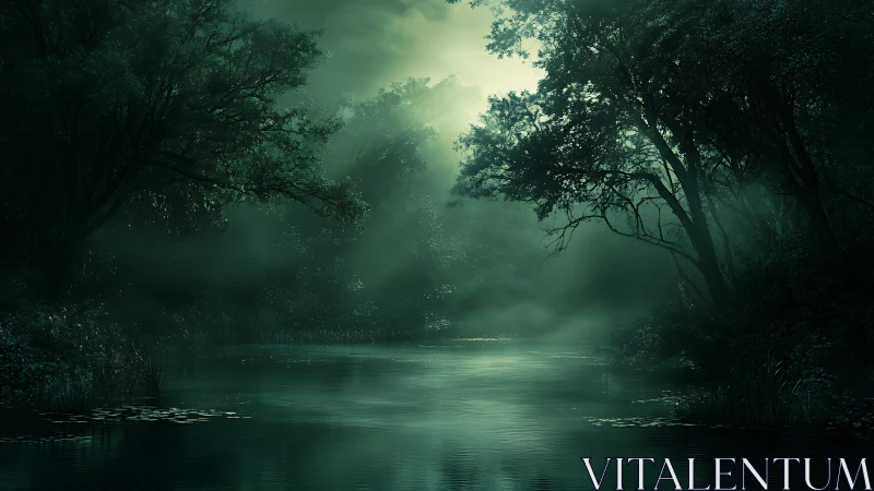 Misty forest river under diffuse green twilight light.