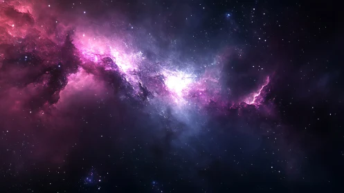 Cosmic nebula corridor with radiant magenta starlight.