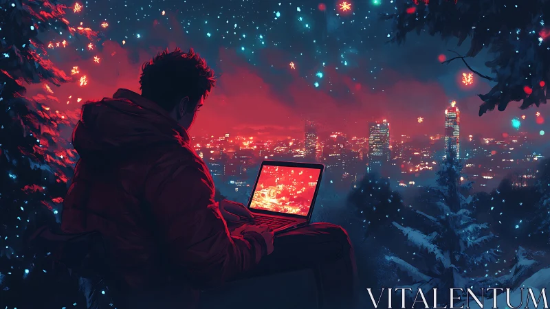Coder watches winter cityscape while working outdoors
