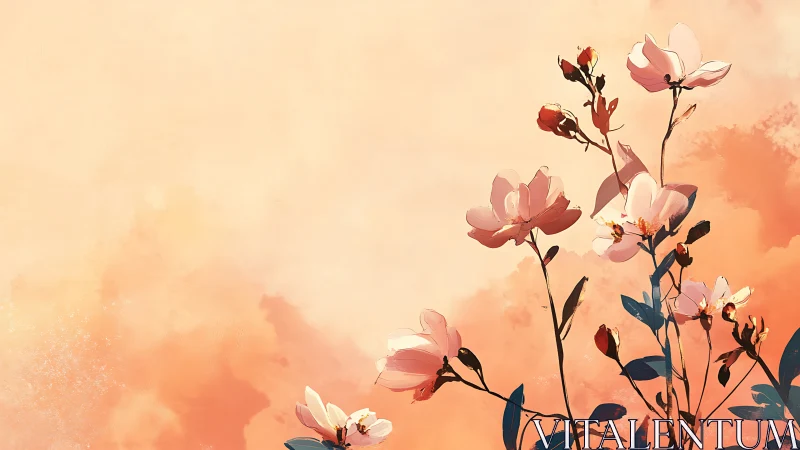 Botanical Study in Watercolor Gradients: Pink Magnolias Against Warm Sunset.