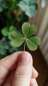Hand holding detailed green clover leaf in soft focus background.