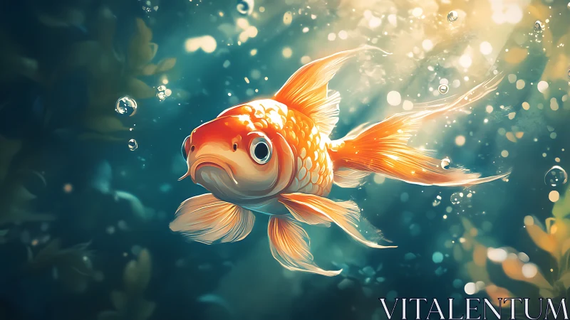 Orange goldfish in illuminated underwater environment.