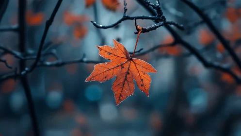 Last ember leaf suspended in a quiet blue hush.