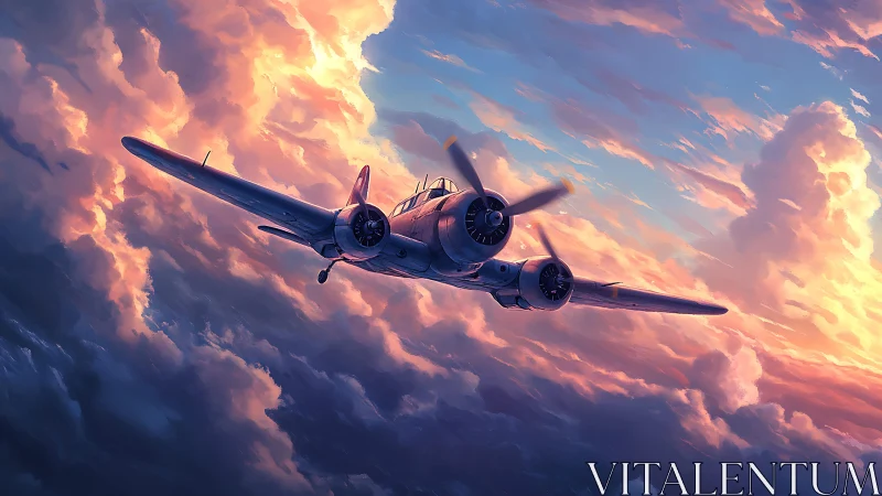 Twin engine warplane flying through vivid sunset clouds.