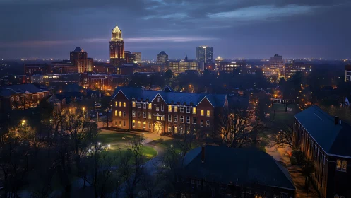 Urban campus and downtown skyline at dusk under clouded sky.