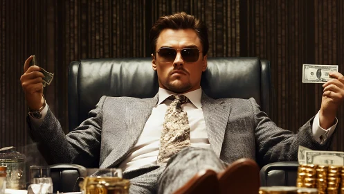 Photorealistic power portrait in opulent executive interior.