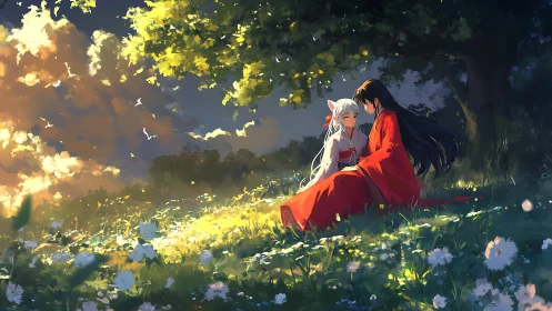 Quiet meadow moment with two friends in warm red robes.