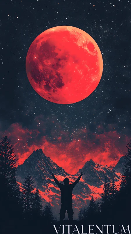 Silhouetted figure observes oversized red lunar body above peaks