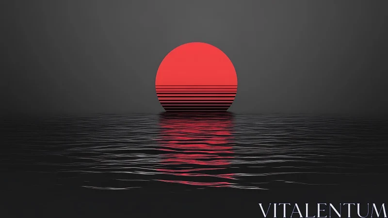 Bold red sun settles into calm reflective ocean water