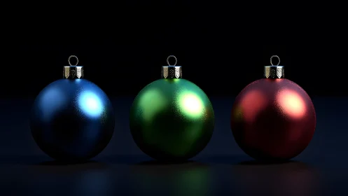 Lustrous trio of Christmas baubles on deep black stage.