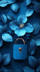 Blue Padlock Surrounded by Blooms and Leaves.