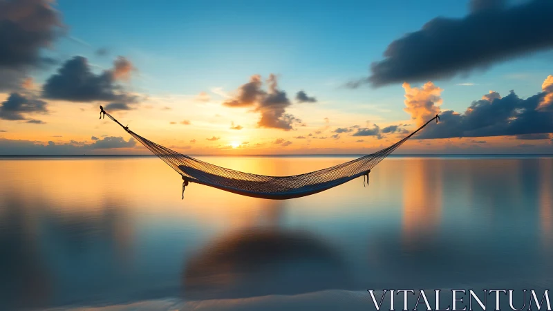 Suspended hammock spans tranquil ocean at reflective sunset