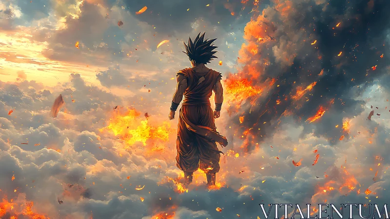 Saiyan warrior above burning clouds in cinematic firestorm.