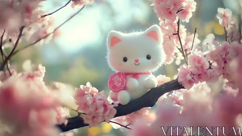 Ceramic Maneki-Neko Positioned Among Blooming Cherry Blossom Branches.