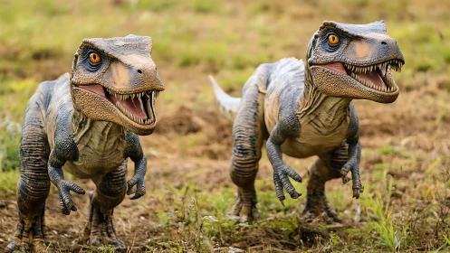 Playful raptor duo stalks a miniature primeval playground.