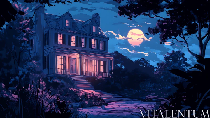 Moonlit mansion facade under deep blue night sky.