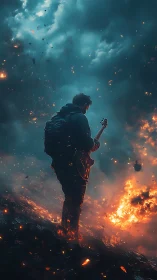Cinematic digital painting of guitarist in apocalyptic firestorm.
