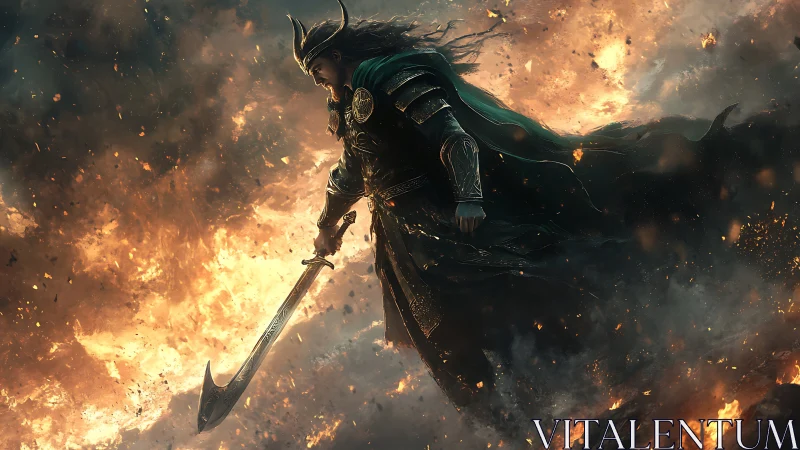 Armored warlord with scimitar advancing through explosive inferno.