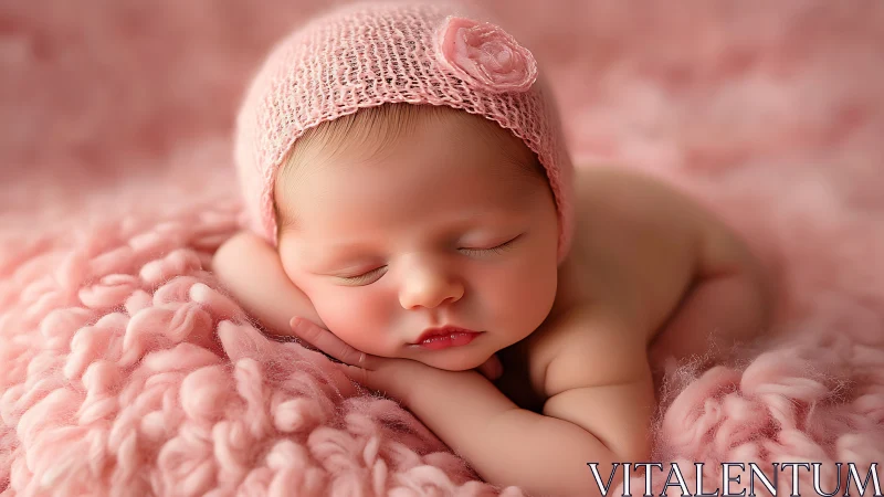 Newborn infant in repose with knitted pink textile accessories.