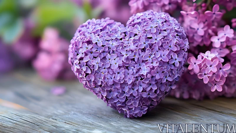 Purple Lilac Flowers Heart Shape on Wood Surface.