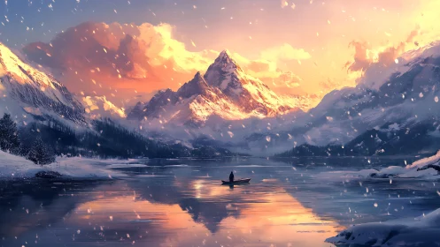Solitary boat on snowy lake below sunlit mountain peak.