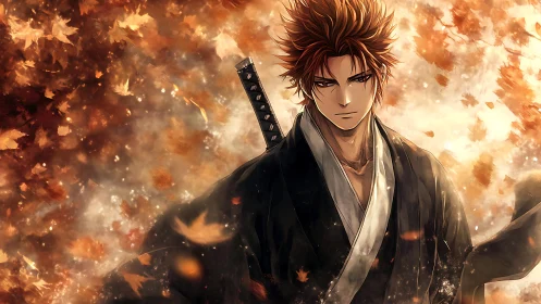 Samurai warrior stands in burning autumn leaves storm