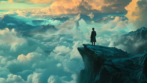 Solitary figure on high cliff above dense layered clouds.