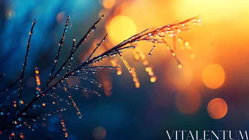 Morning dew clings to fine twigs against glowing sunrise bokeh