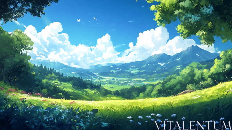 Digital painting panoramic alpine valley under luminous skies.