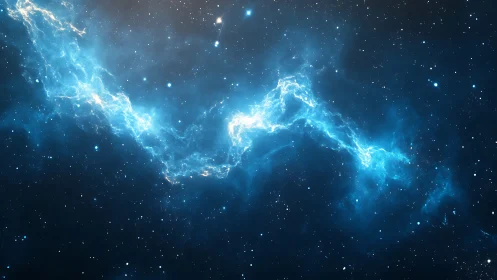 Electric blue nebula stream across deep starfield sky.